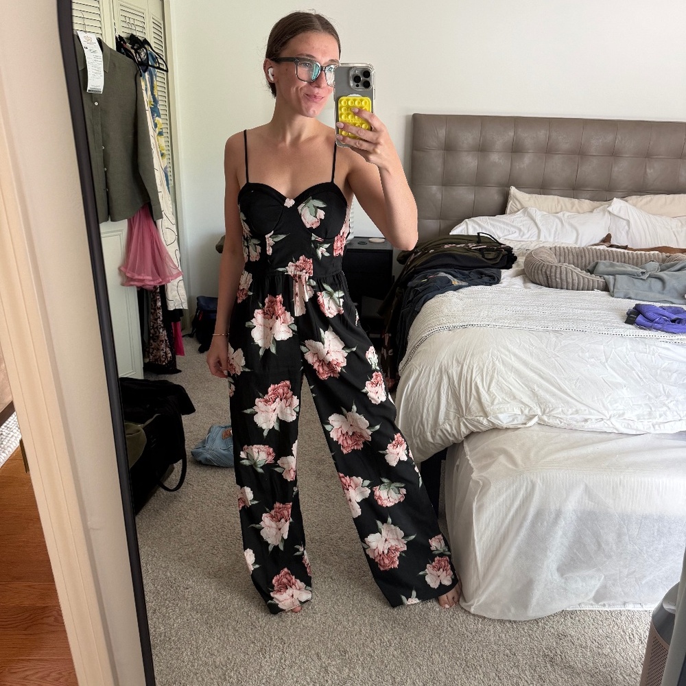 Land of Gypsies | Black Floral Jumpsuit w/ Corset-Like Bodice